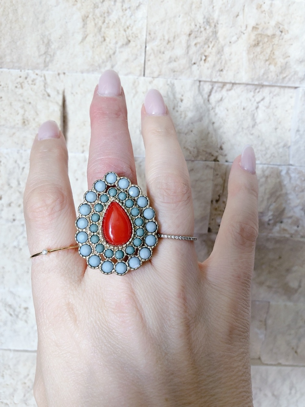 Brushed Gold tone Statement Stretch Teardrop Ring with Coral Red & Teal blue - Picture 7 of 8